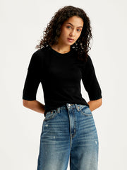 Women'S Solid Black Crew Neck Sweater