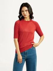 Women'S Solid Red Crew Neck Top