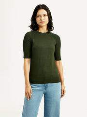 Women'S Solid Dark Green Crew Neck Top