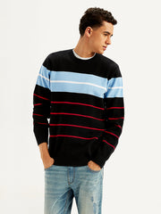 Men'S Striped Black Crew Neck Sweater