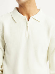 Men'S Self Design Off White Polo Neck Sweater