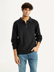 Men'S Self Design Black Polo Neck Sweater
