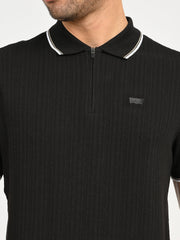 Men'S Self Design Black Slim Fit Polo T-Shirt - Goyalsons ShopMax