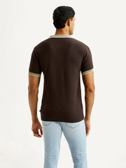 Back view of Levi's men's colorblock brown long sleeve polo T-shirt showing its design and fit.