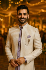 ? Elegant Ivory & Lavender Embroidered 3-Piece Sherwani Set Perfect for Weddings & Festive Occasions ?