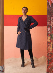 Blue Long Coat For Women With Stand Collar And Belt