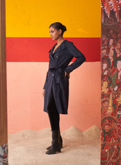 Blue Long Coat For Women With Stand Collar And Belt