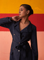 Blue Long Coat For Women With Stand Collar And Belt