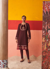 Maroon Womenãƒâ¢Ã¢Â€Šâ¬Ã¢Â€Žâ¢S Woollen Kurti With Embroidered Yoke And Button Detailing On Cuffs