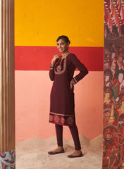 Maroon Womenãƒâ¢Ã¢Â€Šâ¬Ã¢Â€Žâ¢S Woollen Kurti With Embroidered Yoke And Button Detailing On Cuffs
