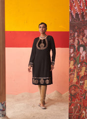 Black Women Woollen Kurti With Embroidered Yoke And Button Detailing On Cuffs