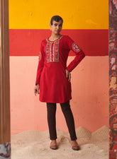 Red Embroidered Woollen Kurti For Women With Mirror Work