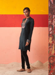 Essex Green Woollen Kurta For Women With Leather Collar And Sequin Work