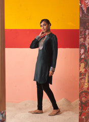 Essex Green Woollen Kurta For Women With Leather Collar And Sequin Work