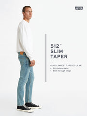 Levis men's slim taper jeans in classic denim, displayed on a model, showcasing the stylish fit and detailed stitching.