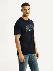 Levi's men's navy slim fit T-shirt with bold typographic print, shown from side view.