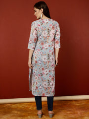 Blue Floral Printed Straight Kurta