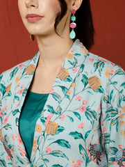 Blue Tropical Printed Jacket And Palazzo With Solid Crop Top