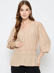 Madame Solid Rayon Blend Beige Peplum Top