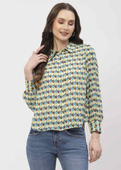 Madame Geometric Print Apple Green Regular Shirt