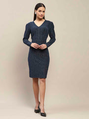 Madame Overlapping Detailed Navy Blue Knitted Midi Dress