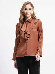 Madame Ruffle Collar Solid Rust Shirt