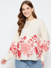 Madame Floral Print Rayon Blend Beige Top