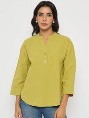Madame Button Detail Solid Green Cotton Top