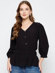 Madame Solid Rayon Blend Black Peplum Top
