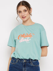 Madame Crew Neck Green Printed T-Shirt
