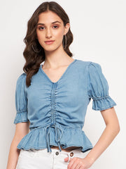 Madame Ruched Front Tie Detail Indigo Peplum Top