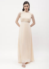 Madame Embellished Beige Crew Neck Maxi Dress
