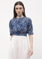 Madame Raglan Sleeve Blue Abstract Print Crop Top