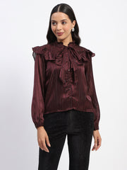 Madame Tie Knot Frill Necked Striped Wine Top
