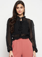 Madame Textured Swiss Dot Detail Black Peplum Top