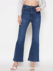 Madame Stone Wash Dark Blue Whiskered Flared Denim Jeans