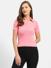 Madame Solid Pink Polo Neck T-Shirt