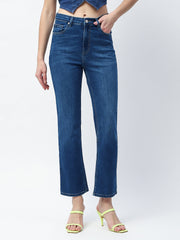 Madame Whiskered Straight Fit Dark Blue Cotton Blend Jeans