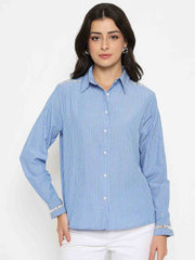 Madame Textured Embroidered Accents Blue Shirt