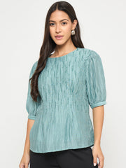 Madame Textured Embellished Tencel Blend Green Top