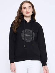 Madame Graphic Print Loose Fit Black Hooded Sweatshirt