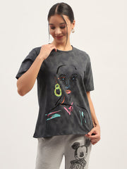 Madame Printed Charcoal Cotton T-Shirt