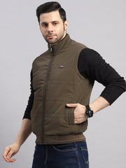 Men Brown Solid Collar Sleeveless Reversible Jacket