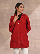 Red Long Sleeve Textured Jacket With Metallic Buttons