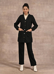 Black Long Sleeve Textured Jacket With Metallic Buttons