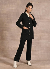Black Long Sleeve Textured Jacket With Metallic Buttons