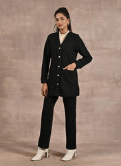 Black Long Sleeve Textured Jacket With Metallic Buttons
