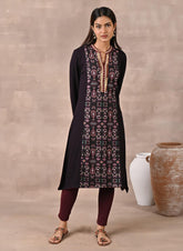 Purple Solid Kurta With Tribal Embroidery And Curved Hem