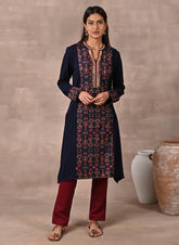 Midnight Blue Solid Kurta With Tribal Embroidery And Curved Hem