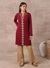 Maroon Solid Woolen Kurti With Foil Print